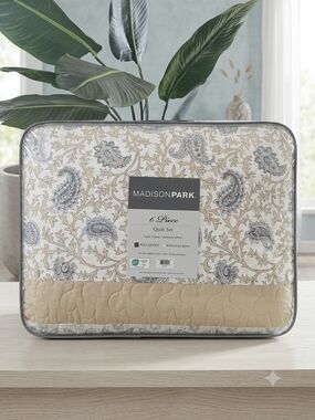 Madison Park Beige and Blue Paisley 6-Piece Quilt Set